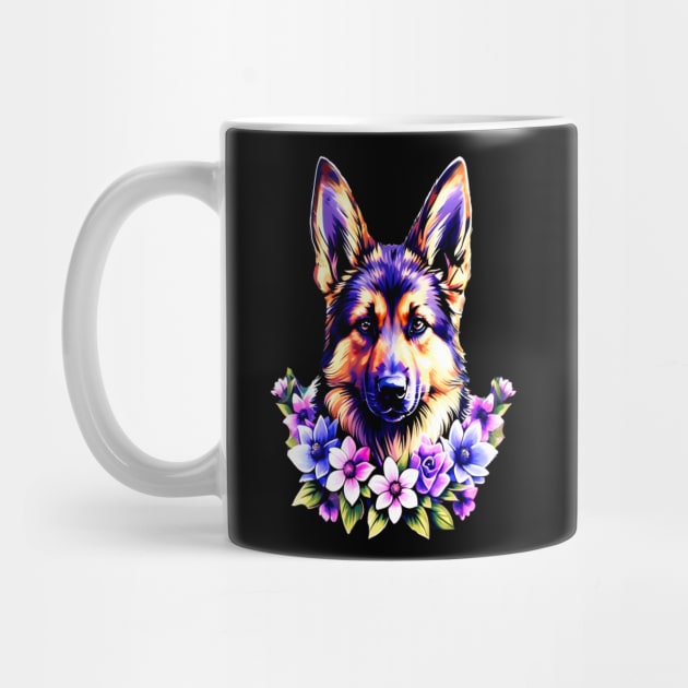 German Sheperd Dog Surrounded by Beautiful Spring Flowers by BirdsnStuff